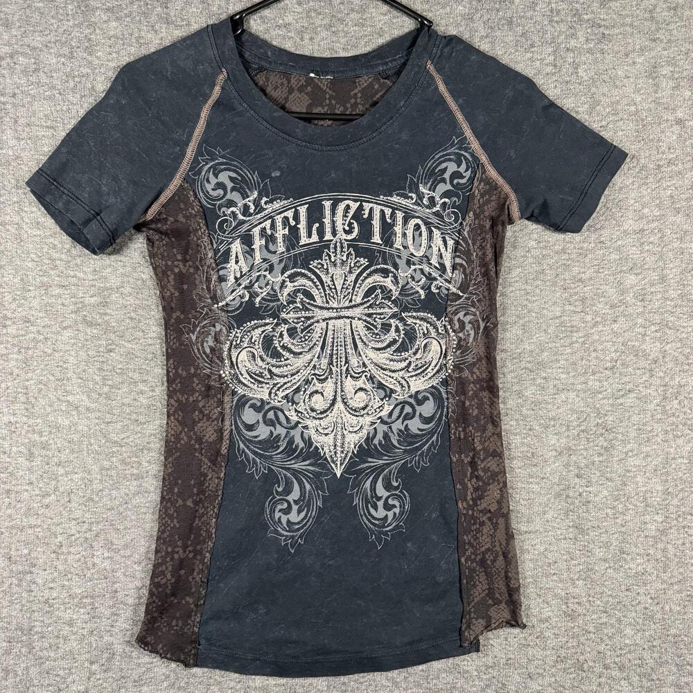 Affliction Womens Y2K Rhinestone Fleur De Lis Snake Print Graphic Shirt Small